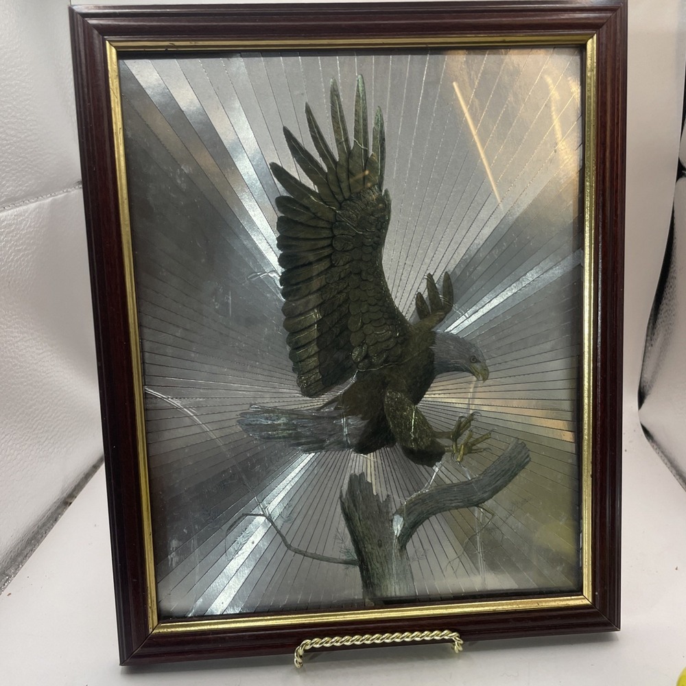 VTG FOIL ETCHED BALD EAGLE WALL ART 10" X 8" Matted & In 11x13 Wooden Frame